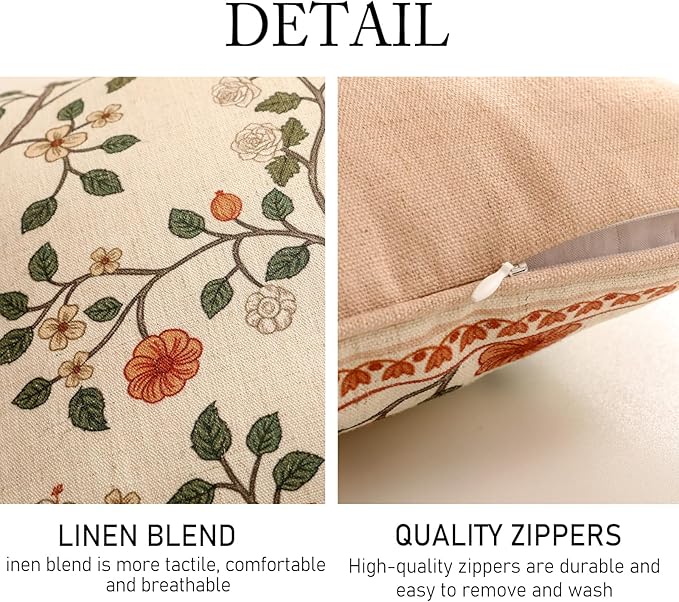 ISAENNE Design Linen Classic Throw Pillow Covers 18"x18" Pack of 2, French Farmhouse Square Cushion Covers with Orange White Floral Pattern Decoration Pillowcases for Bed,Living Room,Outdoor,Car