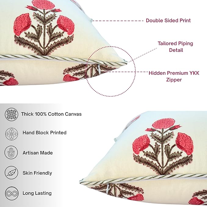 ATOSII Block Print Boho Throw Pillow Covers, 24 X 24, Set of 2, Decorative Couch Pillows for Living Room, 100% Cotton Canvas Acccent Pillows, Christmas Thanksgiving Fall Preppy Throws - Poppy