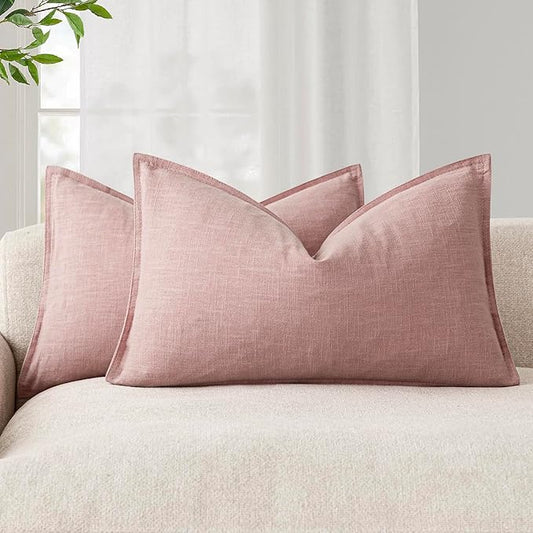 Foindtower Pack of 2, Decorative Linen Soild Throw Pillow Covers Accent Lumbar Cushion Case Farmhouse Pillowcase for Chair Couch Sofa Bedroom Living Room Home Decor 12 x 20 Inch Rose Pink