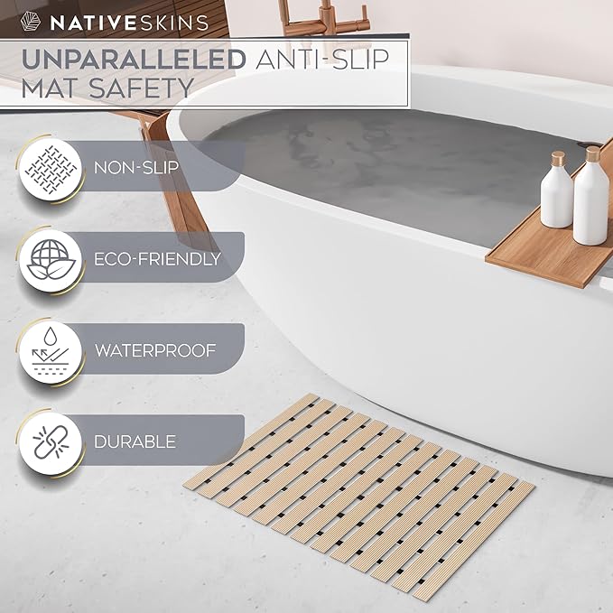 NativeSkins Faux Bamboo Shower Mat (Beige), Non-Slip Safety Lining, Waterproof, Quick-Drying, Eco-Style Slatted Bath Mat for Spa, Sauna - Large 16.9 x 30.7 in