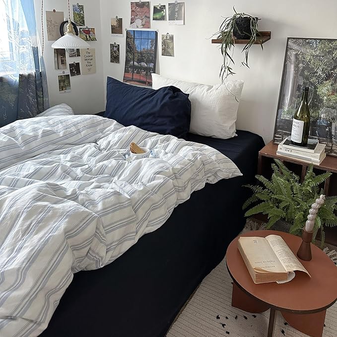 mixinni Vintage Blue & White Striped Duvet Cover Set - 3 Piece 100% Washed Cotton Queen Size Bedding | Minimalist Relaxed Style | Ultra Soft Breathable, with Zipper Closure & Corner Ties-Queen Size