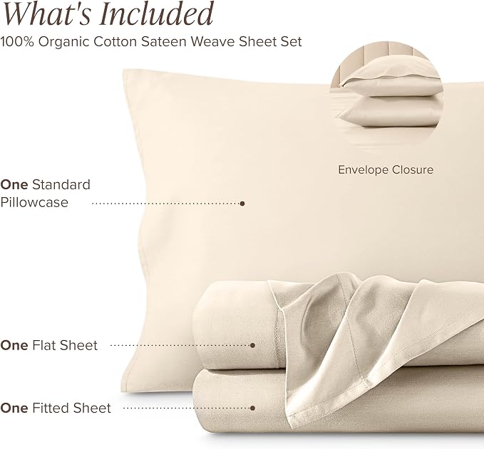 Bare Home 100% Organic Cotton Twin Sheet Set - 400 Thread Count - Smooth Sateen Weave - Breathable & Cooling - Hotel Luxury Set - Deep Pocket Bed Sheets (Twin XL, Sand)