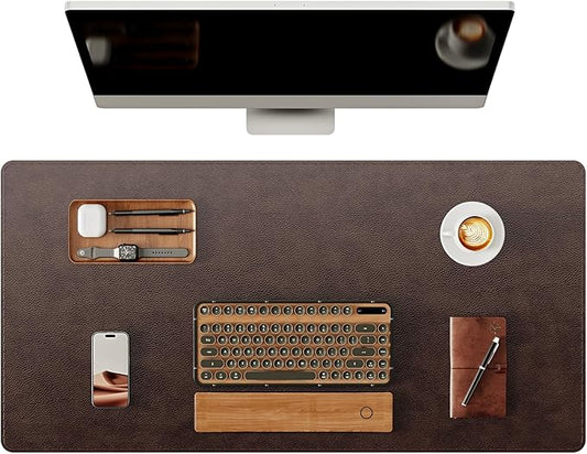 YSAGi Genuine Leather Desk Mat, 31.5"x15.8" Office Desk Pad, Thick Premium Table Pad with Stitched Line, Non-Slip Laptop Writing Pad with Rubber Base (Dark Brown, 31.5"x15.8")
