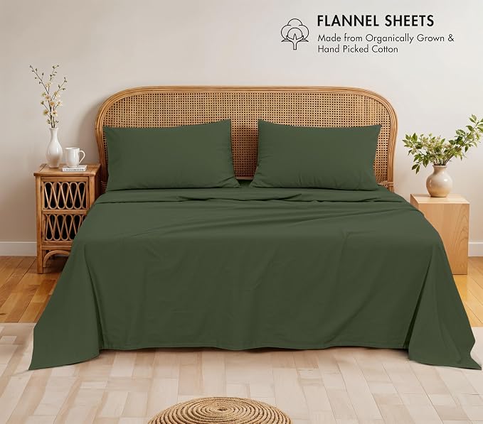 RUVANTI Flannel Sheets Queen Size - GOTS Certified 100% Organic Cotton, 4 Piece Warm, Soft & Breathable Set, Deep Pocket Snug Fit, Double Brushed Cozy All Season Bedding, Riffle Green