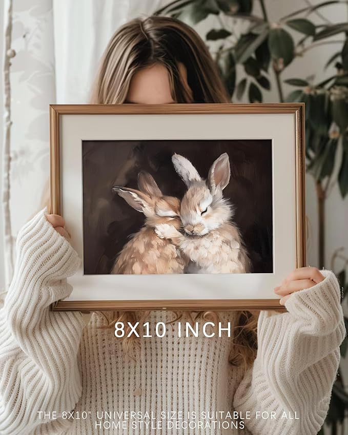Vodefoad Hugging Rabbit Retro Vintage Canvas Wall Art Cute Rabbits Wall Art Oil Painting | Rabbit Friends | Antique Vintage Print | Bunny Poster | Nursery Decor - 8x10Inch Unframe