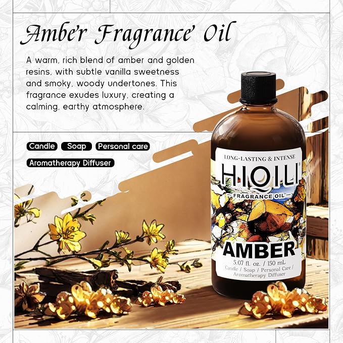 HIQILI Amber Fragrance Oil for Perfume Making - 5.07 Fl Oz / 150 ML | Add to Body Lotion, for Candle, Soap Making, Hotel Scents for Essential Oil Diffuser & Aromatherapy