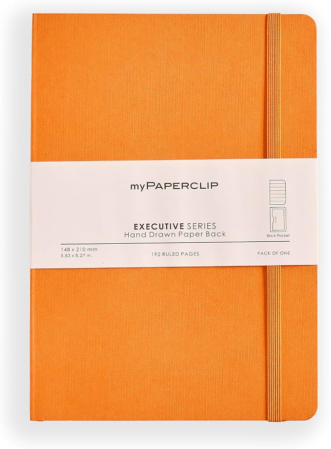 myPAPERCLIP Executive Series A5 Ruled Notebook | 192 Pages, 80 GSM, Soft Cover, A5 (5.83 x 8.27 in) | Flat Lay | Bookmark, Elastic Closure & Back Pocket | Orange