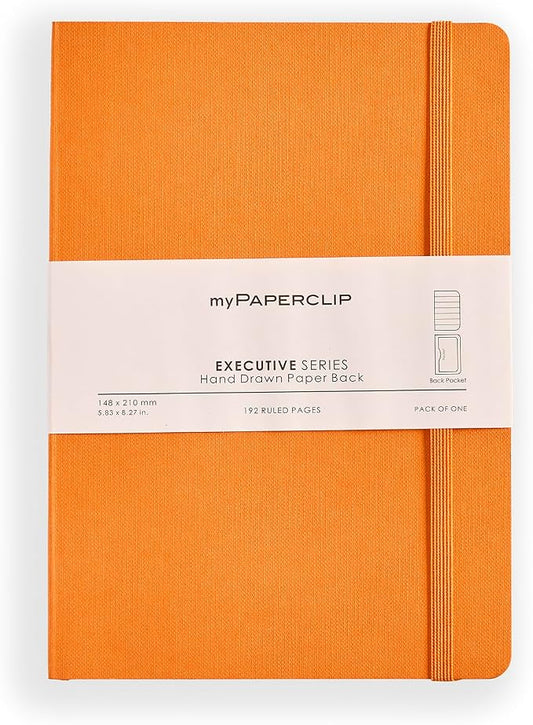 myPAPERCLIP Executive Series A5 Ruled Notebook | 192 Pages, 80 GSM, Soft Cover, A5 (5.83 x 8.27 in) | Flat Lay | Bookmark, Elastic Closure & Back Pocket | Orange