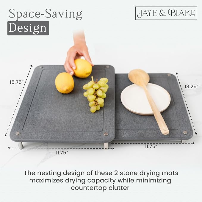 2 PCs Nesting Stone Dish Drying Mats for Kitchen Counter - Absorbent Quick Drying Diatomaceous Earth Stone Drying Mat with Non-Slip Feet - Heat Resistant & Odorless Dish Drying Stone Mat - Gray Solid