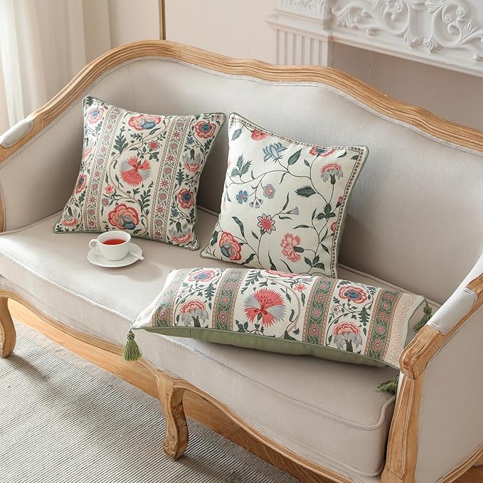 ISAENNE Design Square Retro Elegance Linen Throw Pillow Covers 18"x18" Pack of 2, Green Pink Floral Pattern Cushion Covers Decor Pillowcases for Bed,Living Room,Outdoor,Car