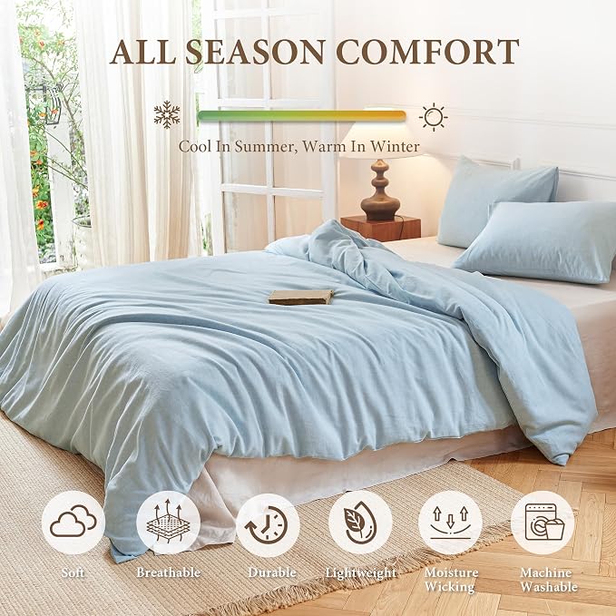 Simple&Opulence Linen Duvet Cover Set King Size - French Linen Cotton Woven Blend in Light Blue, 3 Pieces (1 Comforter Cover 104x92” + 2 Pillowcases), Soft & Breathable All-Season Farmhouse Bedding