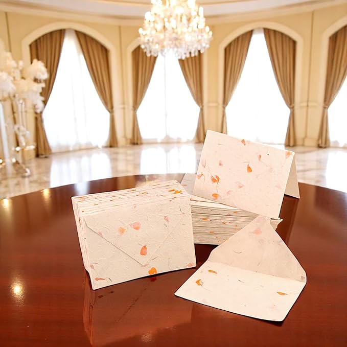 Kathmandu Valley Co. 50 Vintage 4x6 Handmade Lokta Paper Nepali Cherish Greeting Cards & Matching Decorative Flower Petal Envelopes. Folded blank cards. Handmade In Nepal. (Marigold)