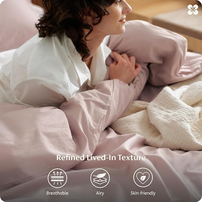 Bedsure Duvet Cover King Size - 100% Washed Cotton, Linen-Like Minimalist Bedding - PureWoven Plain Soft Comforter Cover for All Seasons, 1 Duvet Cover Only (Petal Pink, 104" x 90")