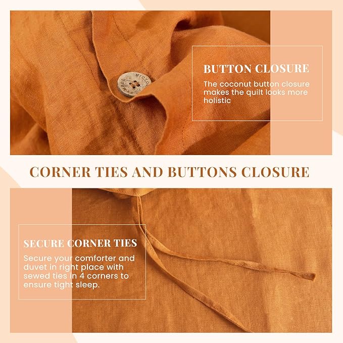 S VICTORY SYMBOL 100% Organic Linen Duvet Cover Set Queen Size 3pcs,Natural French Washed Flax Bedding Set(1 Duvet Cover and 2 Pillowcases) with Coconut Buttons Closure,Pumpkin
