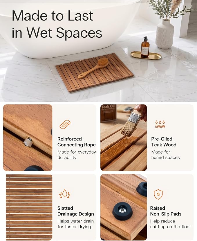 StrongTek Roll Up Teak Bath Mat, Pre-Oiled Wooden Shower Mat with Non-Slip Pads, Teak String Mat for Bathroom, Spa Floor Mat for Tub, Shower & Entry, 22.8 x 15 in