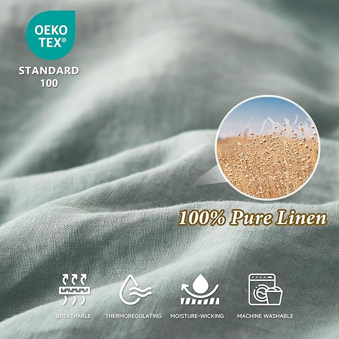 100% Linen Duvet Cover Set, 3 PCS Natural French Flax Dusty Blue Duvet Cover Queen Size, Breathable Soft Comfy Linen Bedding Comforter Cover with 2 Pillowcases(Dusty Blue, 88" x 92")
