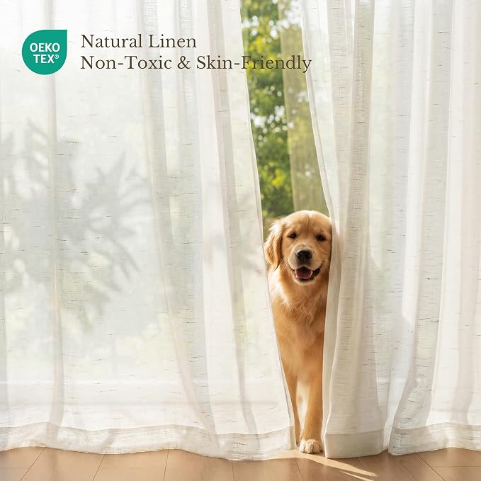 NICETOWN Linen Burlap Semi Sheer 144 inch Extra Long Curtains for Living Room, Rod Pocket & Back Tab Privacy Drapes Light Filtering Window Treatments for Villa, W52 x L144, 2 Panels