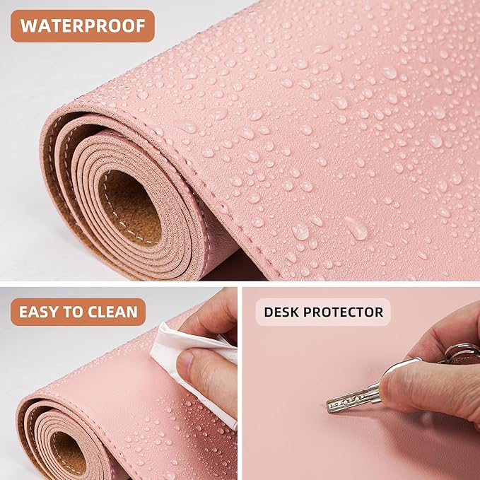 AFIING Cork Desk Mat 31.5" x 17", Waterproof Dual-Sided Cork & PU Leather Desk Pad, Non-Slip Desk Protector for Home Office, Workspace Setup & Gaming, Pink