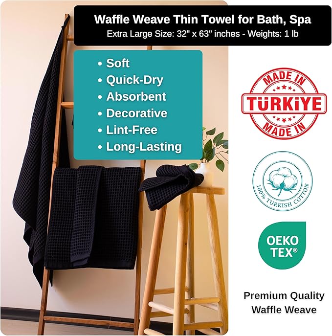 Püskül Waffle Bath Towels for Bathroom, Premium 100% Turkish Organic Cotton, 32x63 Inches, Pack of 2 (Black)