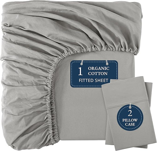 LANE LINEN Twin XL Fitted Sheet, 100% Organic Cotton 2-Piece Set (1 Fitted Sheet, 1 Pillowcase), Percale Weave, Bottom Sheet, Soft, Breathable, Fits Mattress Upto 15" Deep - Silver (No Flat Sheet)