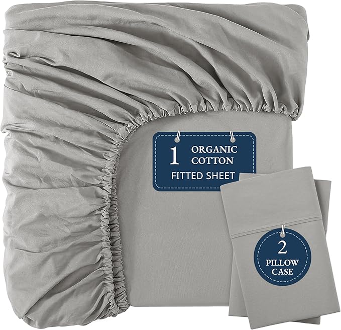 LANE LINEN King Fitted Sheet, 100% Organic Cotton, 3-Piece Set (1 Fitted Sheet,2 Pillowcases), Percale Weave, Ultra Soft, Breathable,Fits Mattress Upto 15" Deep - Silver (No Flat Sheet)
