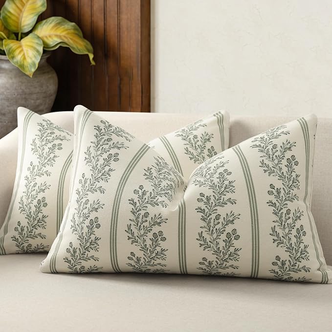 Vintage Throw Pillow Covers 12x20 Set of 2, Striped Floral Pillow Cover Botanical Patterned Decorative Cushion Covers Modern Farmhouse Home Decor for Sofa Couch Bed Living Room, Moss Green
