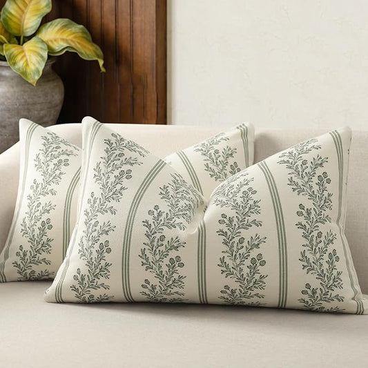 Vintage Throw Pillow Covers 12x20 Set of 2, Striped Floral Pillow Cover Botanical Patterned Decorative Cushion Covers Modern Farmhouse Home Decor for Sofa Couch Bed Living Room, Moss Green