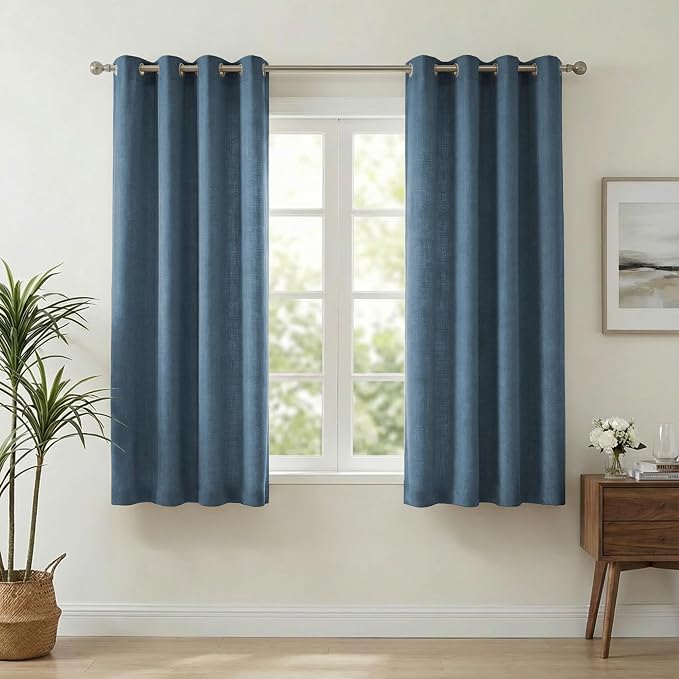 NICETOWN Linen Blended Curtains 63 Inch for Bedroom, Light Filtering Semi Sheer Burlap Curtains Farmhouse Grommet Privacy Window Drapes for Living Room, 2 Panels (52 x 63 Inch, Stone Blue)