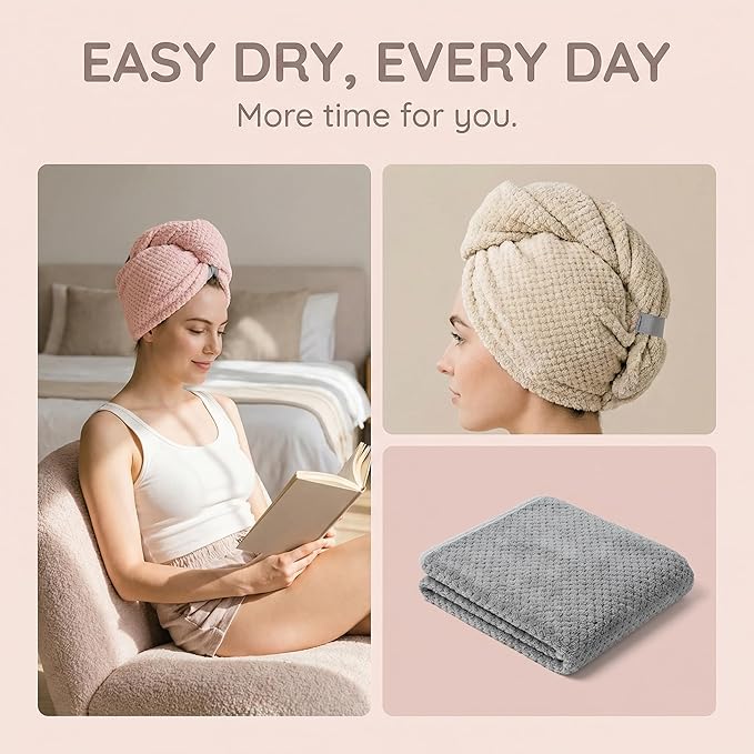 Microfiber Hair Towel wrap for Long Curly Hair Super Absorbent Quick Drying Turban Cap Thick lint Free Lightweight 90g Travel Essential for Women After Shower Anti frizz (Blue, Pink & Gray)