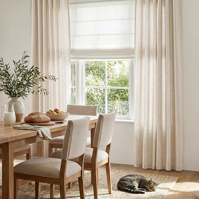 jinchan Beige Linen Blend Curtains 84 Inches Length 2 Panels for Bedroom Living Room, Light Filtering 50 Inches Wide Natural Farmhouse Drapes with Rod Pocket Back Tab (50W x 84L, Ecru)