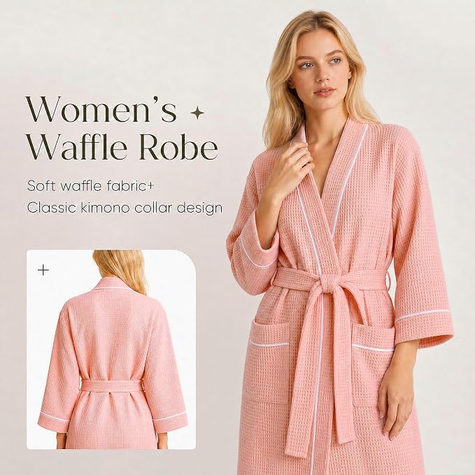 Inner Wish Women's Cotton Waffle Kimono Robe, Lightweight Quick Dry Spa Shower Robe with Pockets