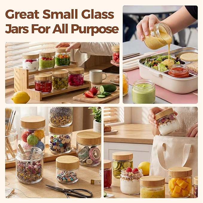 HomArtist 3oz Glass Salad Dressing Containers with Bamboo Lids - 4 Pack Small Airtight Condiment Cups, Mini Sauce Jars for Picnic, Ketchup, Dip & Snacks, Leakproof, BPA-Free & Dishwasher Safe