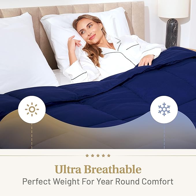 Lavish Comforts® Navy Blue Comforter – Fluffy Down Alternative Dark Blue Comforter, All-Season Queen Duvet Insert, Hypoallergenic, Machine Washable with Corner Loops