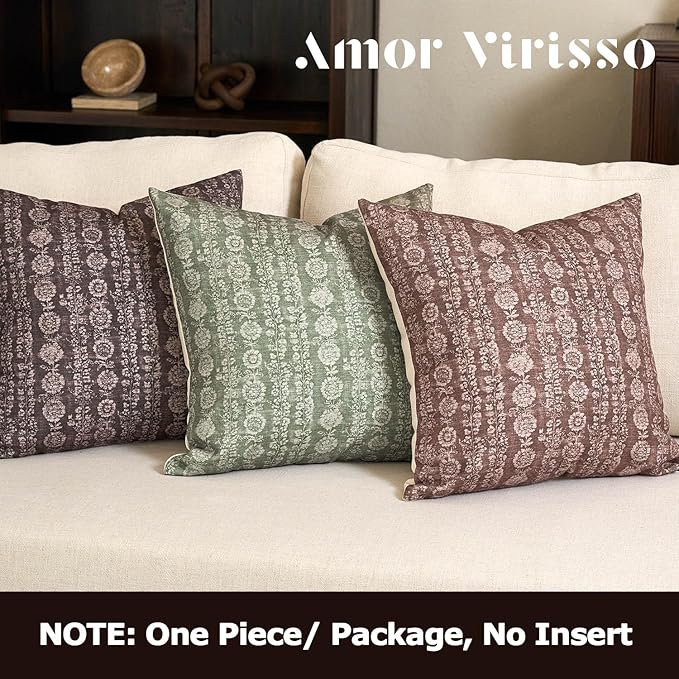 Amor Virisso Vintage Floral Throw Pillow Covers 20x20 Striped Farmhouse Block Print Pillow Cover Boho Neutral Decorative Pillows for Living Room Bed, Sage Green