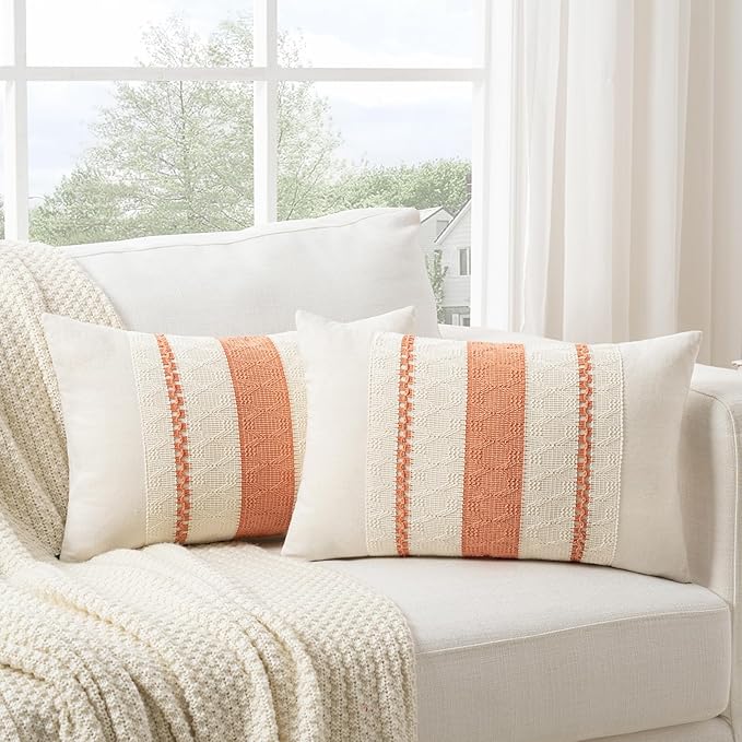 Fancy Homi Set of 2 Boho Coral Long Lumbar Decorative Throw Pillow Cover 14x24 Inch for Couch Bed Sofa Chair, Modern Organic Farmhouse Home Decor, Soft Cotton Cute Accent Rectangle Cushion Case