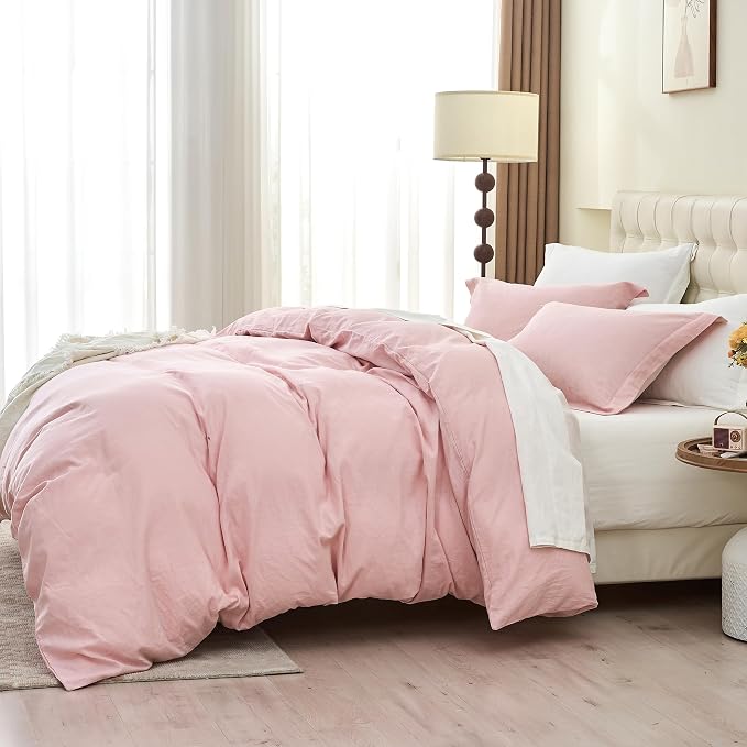 Simple&Opulence French Linen Duvet Cover Set 88" x 92"- 3 Pieces (1 Comforter Cover,2 Pillowcases)- Natural Flax Cotton Blend-Solid Color Breathable Farmhouse Bedding- Pale Pink, Queen