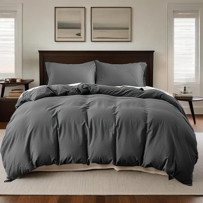 QKTE French Linen Duvet Cover Set, 3 PCS Natural French Flax Dark Grey Duvet Cover Queen Size, Breathable Soft Comfy Linen Bedding Comforter Cover with 2 Pillowcases(Dark Grey, 88" x 92")