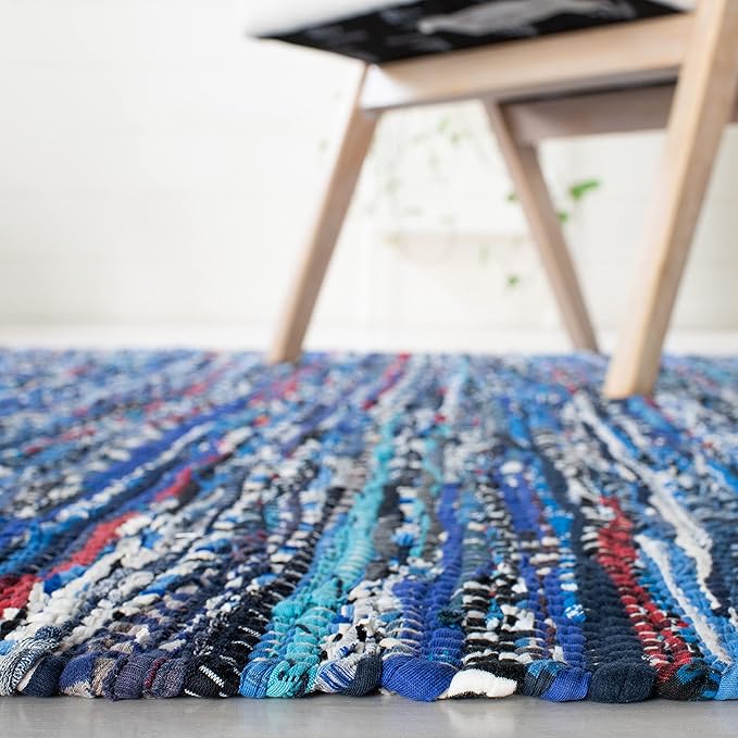 SAFAVIEH Rag Rug Collection Area Rug - 6' Square, Blue & Multi, Handmade Boho Stripe Cotton, Ideal for High Traffic Areas in Living Room, Bedroom (RAR128B)