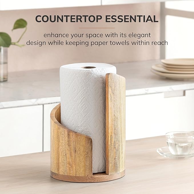Anji Mountain Wooden Paper Towel Holder Countertop with Mango Wood Round Base and Iron Holder, Holder Stand for Kitchen Roll Organizer & Kitchen Dining Table Home Decor - Mango/Gold, Classic