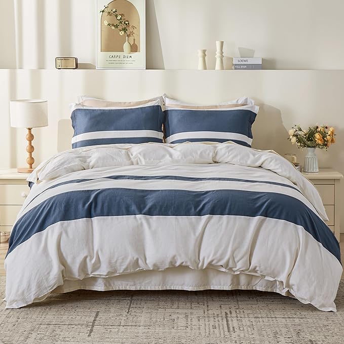Simple&Opulence French Linen Duvet Cover Set with Stripe 104”x92”, 3 Pieces(1 Comforter Cover and 2 Pillow Shams) Rustic Natural Flax Cotton Blend(King,White and Navy)