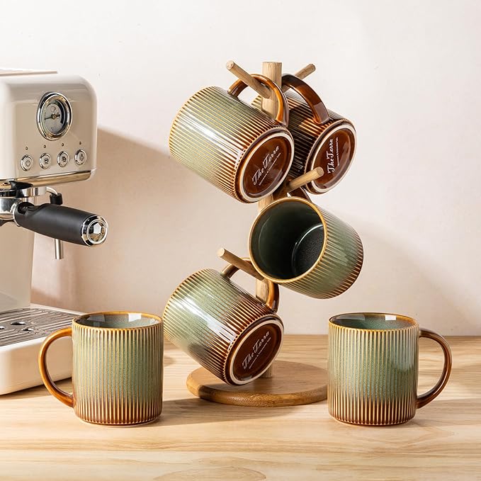 theterra Ceramic Coffee Mugs Set of 4, 14.2oz Handmade Coffee Cups with Handle for Latte, Tea, Milk, Beer, Hot Cocoa, Sage Umber
