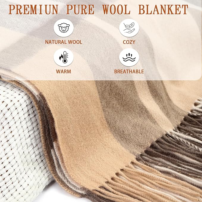 Soft Pure Wool Throw Blanket, Lightweight Warmth, 55"x83", Plaid, Fringe, Compact with Bag, Useful Gift for Women Men, All Season Decorative Cozy Travel Blanket for Couch Bed, Outdoors