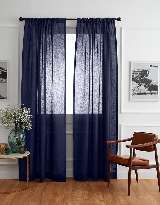 Solino Home European Flax Linen Curtain Chambray Navy, 52 x 96 Inch Light Filtering Rod Pocket Curtain 96 Inch, 100% Pure Linen Window Treatment for Living Room, Bedroom - 1 Panel