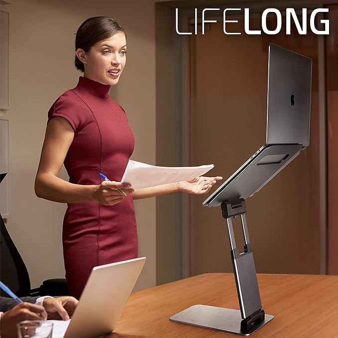 Lifelong Aluminum Adjustable Laptop Stand, Extra Tall 20" Riser, Black | Ergonomic Laptop Stand for Desk, Portable Foldable Computer Stand, Fits 10-17 Inch Laptops & MacBooks