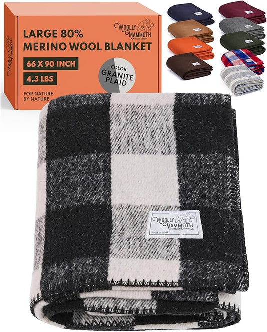 Woolly Mammoth Woolen Company Merino Wool Blanket, 66" x 90" Granite | Temperature Regulating - Fire-Resistant - Warm Camping Blanket for Car Emergency Kits, Picnics, Summer Festivals and Stadiums