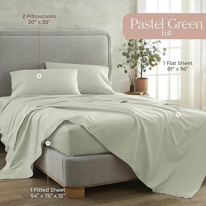 100% Organic Cotton Sheets Full Size - GOTS Certified Organic Bed Sheets with Deep Pocket 300 Thread Count & Cozy Sateen Weave Gets Softer with Each Wash - Luxury 4 Piece Set (Pastel Green, Full)