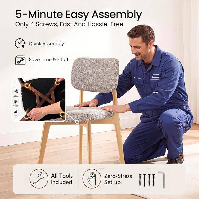 COLAMY Dining Chairs Set of 2, Modern Upholstered Kitchen Room Chairs with Solid Natural Oak Wood Legs, 5-Min Easy Assembly Anti-Wobble, High-Weight Fabric Farmhouse Side Chair, 300lbs,Oak,Oatmeal