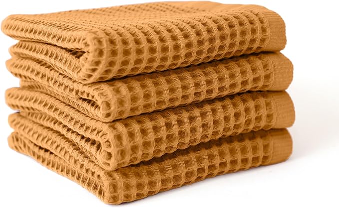 Premium Waffle Hand Towels Pack of 4 Extra Large 20x35 inch - 100% Turkish Cotton, Waffle Weave, Quick Dry, Lint Free, Super Absorbent, Thin Hand Bath Towel (Caramel, Set of 4 Hand Towels)