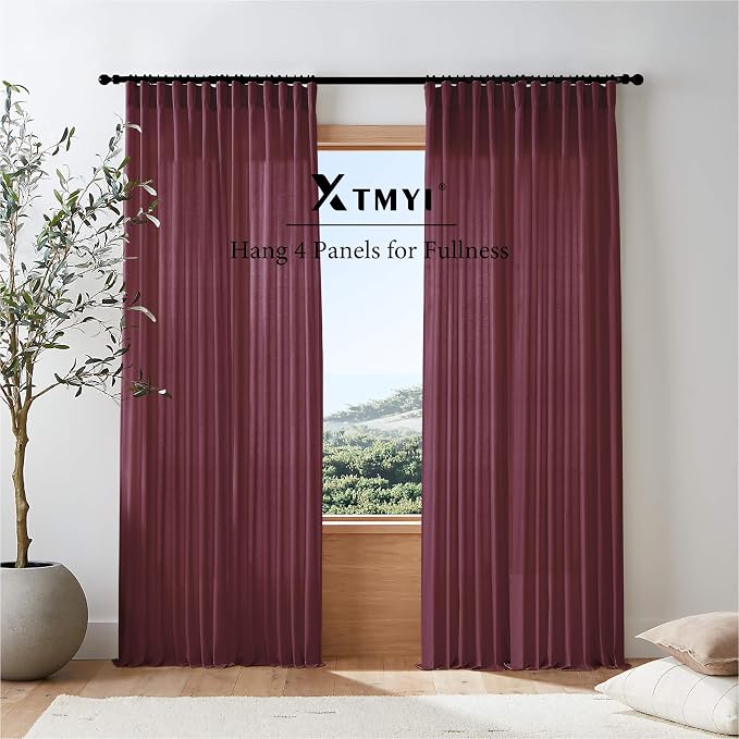 XTMYI Burgundy Curtains 84 Inches Long 2 Panels,Vintage Elegant Maroon Linen Back Tab Hook Pleated Sheer Christmas Curtains for Living Room Bedroom,Dark Red