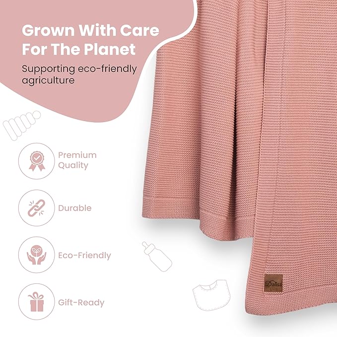 Dalisa 100% Organic Turkish Cotton Throw Blanket Harbor Mist– GOTS Certified, Cozy, with Reusable Cotton Gift Bag – Perfect for Couch, Bed, and Home Decor – Boho Vintage Knit Alina (Pink, 80x90)